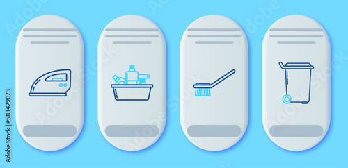 Set line Plastic bottles for liquid dishwashing liquid, Toilet brush, Electric iron and Trash can icon. Vector