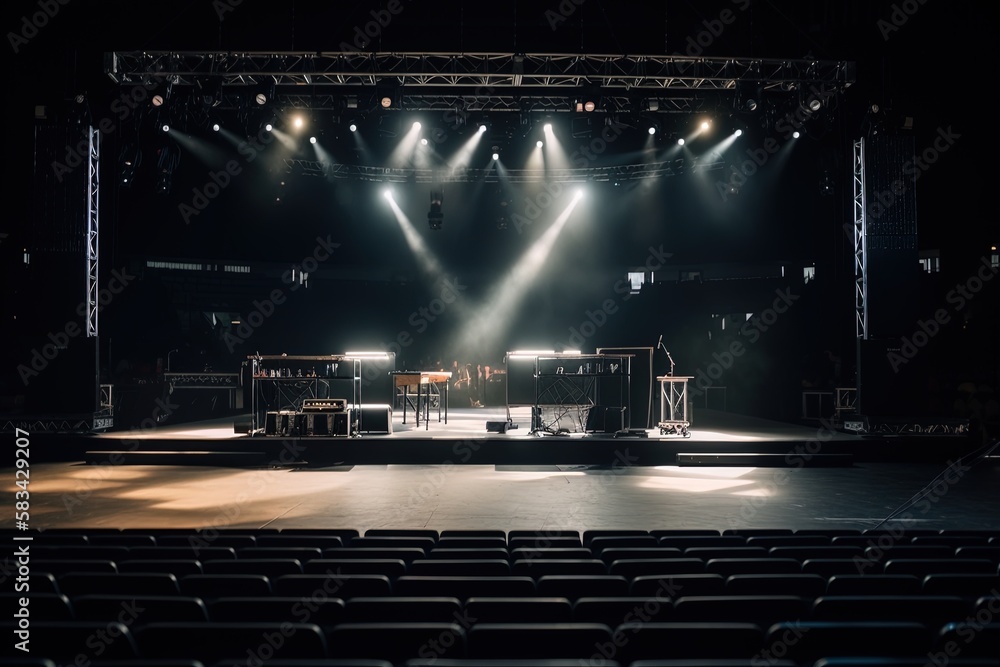 Empty musical stage with lights, generative ai
