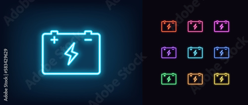Outline neon car accumulator icon set. Glowing neon car battery with lightning sign, electric accumulator pictogram. Vehicle battery, electric generator, charging station, auto service.