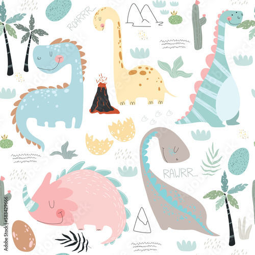 Dino friends. Funny cartoon dinosaurs eggs polka dots  plants   mountain. Hand drawn seamless vector doodle set for kids. Good for textiles  wallpapers  wrapping paper  clothes.