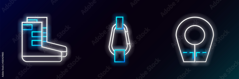 Set line Diving hood, Boots and Carabiner icon. Glowing neon. Vector Set line Diving hood, Boots and Carabiner icon. Glowing neon. Vector