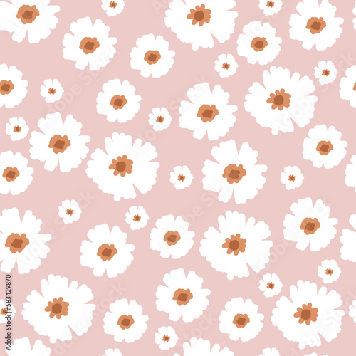 Boho seamless pattern with white flowers and pink background