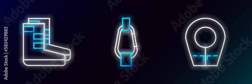 Set line Diving hood, Boots and Carabiner icon. Glowing neon. Vector