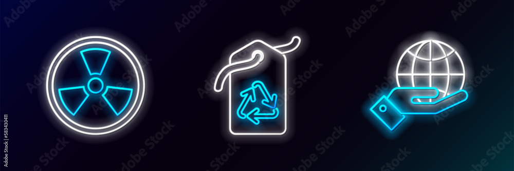 Set line Human hands holding Earth globe, Radioactive and Tag with recycle symbol icon. Glowing neon. Vector Set line Human hands holding Earth globe, Radioactive and Tag with recycle symbol icon. Glowing neon. Vector