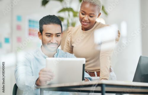 Creative business people, tablet and planning in digital marketing for design or tasks at office. Happy asian man and black woman smiling with touchscreen working on project plan or startup strategy