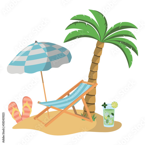 Beach holiday clipart with sling chair, parasol, drink, and slippers on the sandy coast. Colorful summer design. Design for postcards and banners. Vector illustration in flat style