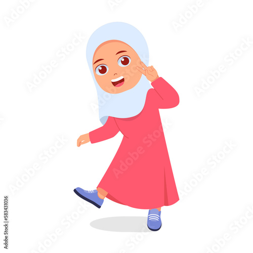 Cute girl smiles broadly, with two finger pose expression