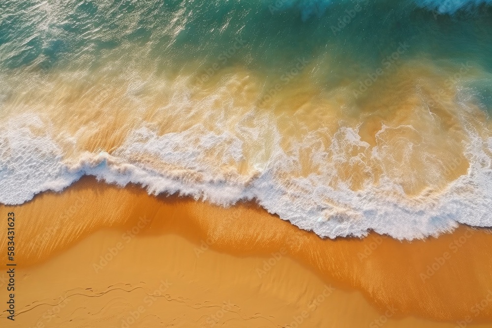 Beautiful ocean wave on a sandy yellow beach. Generative AI