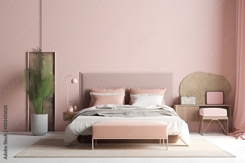 The interior of a luxury bedroom with a large bed in plain pink pastel colors and plants in the room. Generative AI The interior of a luxury bedroom with a large bed in plain pink pastel colors and plants in the room. Generative AI