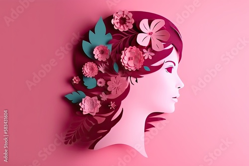 Silhouette of a young girl with flowers cut out of paper, pink background. Generative AI