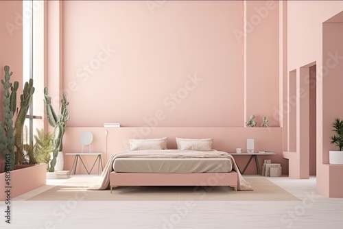 Bedroom interior in solid pink pastel colors with furniture and plants in the room. Generative AI