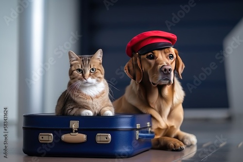 Animals with luggage at the airport, a cat and a dog waiting for travel. Generative AI