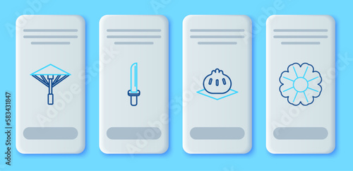 Set line Japanese katana, Khinkali on cutting board, umbrella from the sun and Flower icon. Vector