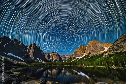 Star Trails Over Rugged Yosemite Mountains, California Night Sky, AI-Generated