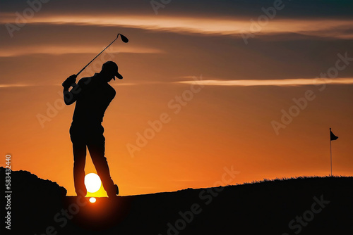 Silhouette of man swinging golf club, generative ai
