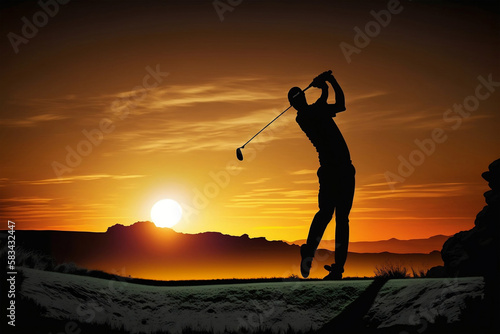 Silhouette of man swinging golf club, generative ai