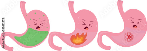 Set stomach heartburn pain poisoning fire vector illustration