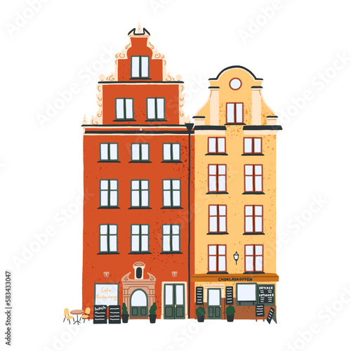 Scandinavian Swedish house buildings in old city. Stockholm architecture, cute cozy home exteriors, facades with cafe, store in historical town. Flat vector illustration isolated on white background