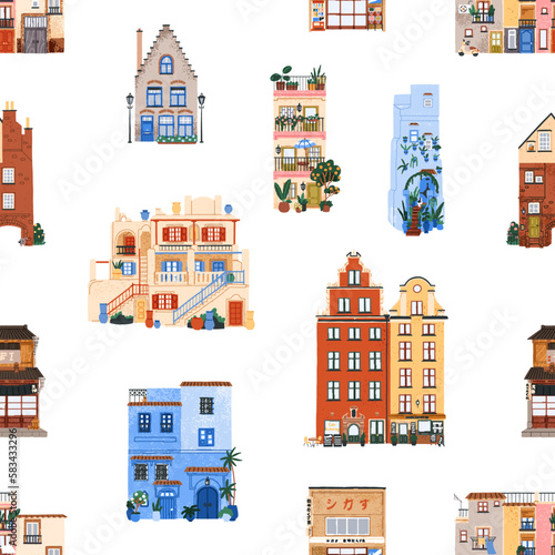 Architecture pattern. Seamless background, cozy old houses of different count...