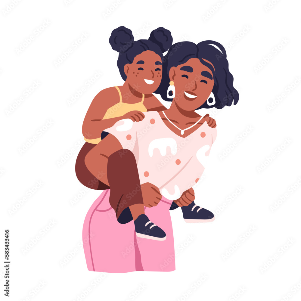 Happy kid riding on mothers back. Smiling laughing mom carrying daughter child. Joyful mum and girl having fun together, piggyback. Flat graphic vector illustration isolated on white background Happy kid riding on mothers back. Smiling laughing mom carrying daughter child. Joyful mum and girl having fun together, piggyback. Flat graphic vector illustration isolated on white background