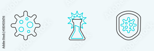 Set line Shield protecting from virus, Virus and Test tube and flask icon. Vector