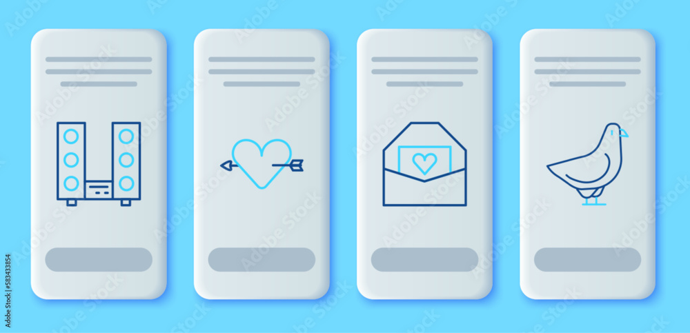 Set line Amour with heart and arrow, Envelope Valentine, Home stereo two speakers and Dove icon. Vector