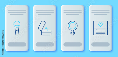 Set line Wedding rings, Female gender symbol, Microphone and Greeting card icon. Vector