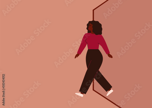 Strong black Woman doing a step for the best life. Business woman starts a new project. Girl gets rid of stereotypes and restrictions. Concept of professional and personal growth. Vector illustration