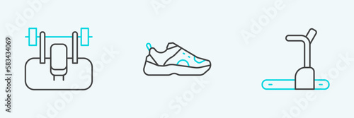 Set line Treadmill machine, Bench with barbel and Sport sneakers icon. Vector