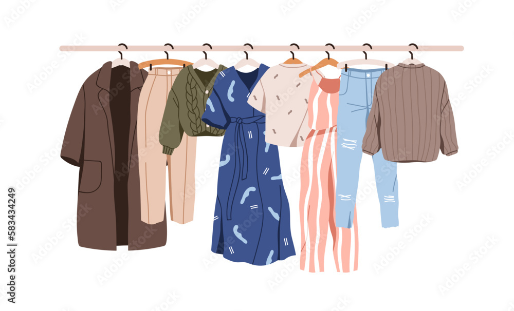 Women clothes hanging on hanger rail. Casual female wardrobe, feminine wearing on rack. Modern apparel, garments row for sale, charity, stock. Flat vector illustration isolated on white background Women clothes hanging on hanger rail. Casual female wardrobe, feminine wearing on rack. Modern apparel, garments row for sale, charity, stock. Flat vector illustration isolated on white background