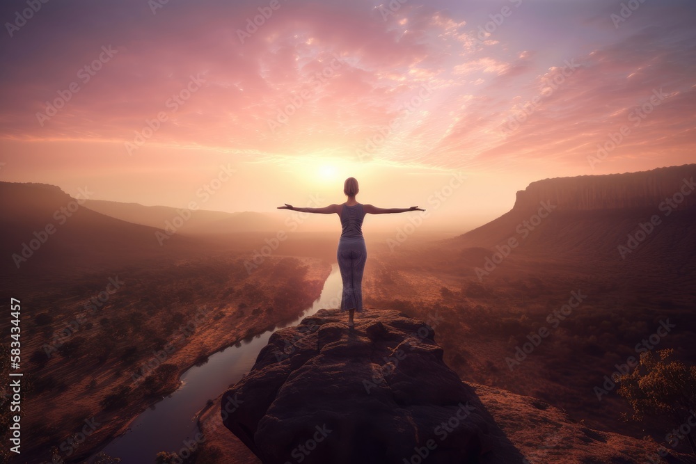 Woman Standing on Top of the Mountain - Doing Yoga Woman Standing on Top of the Mountain - Doing Yoga