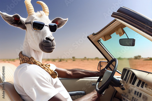 Portrait of a goat driving a car. AI generated