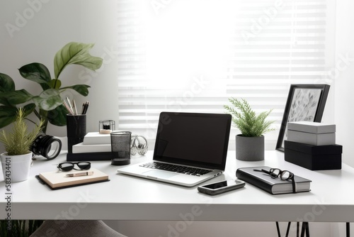 Home office set up with a laptop, office supplies, a plant, a calculator, and books. Homeschooling as an idea. modern, artistic workstation. Generative AI