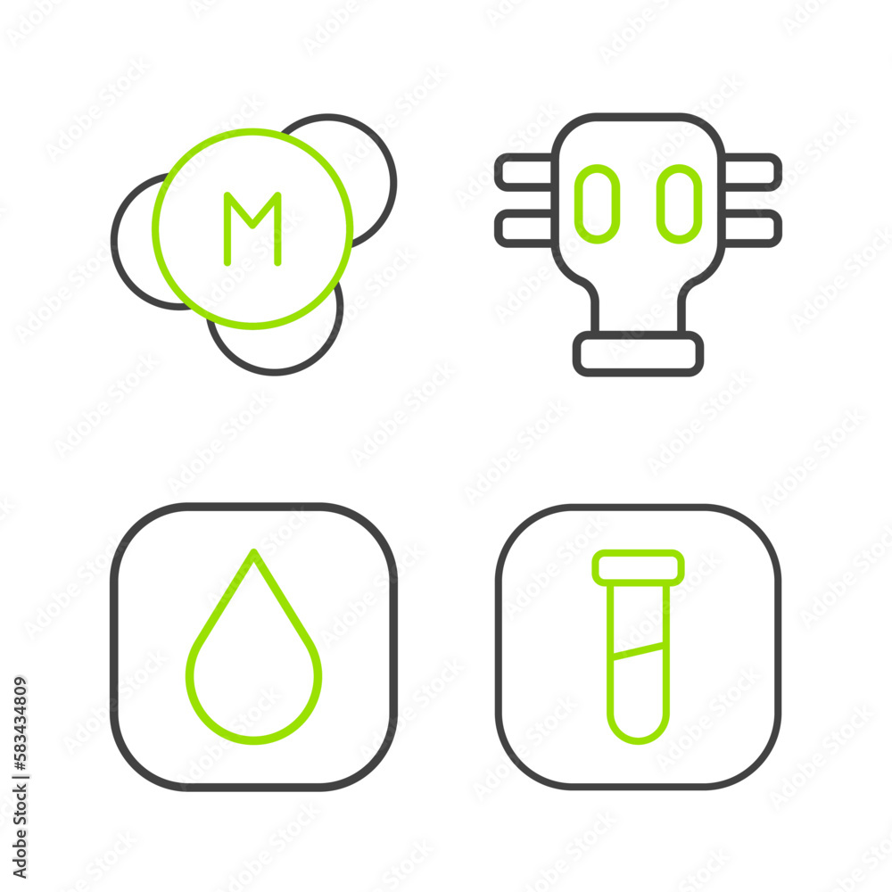 Set line Test tube and flask, Water drop, Gas mask and Molecule icon. Vector Set line Test tube and flask, Water drop, Gas mask and Molecule icon. Vector