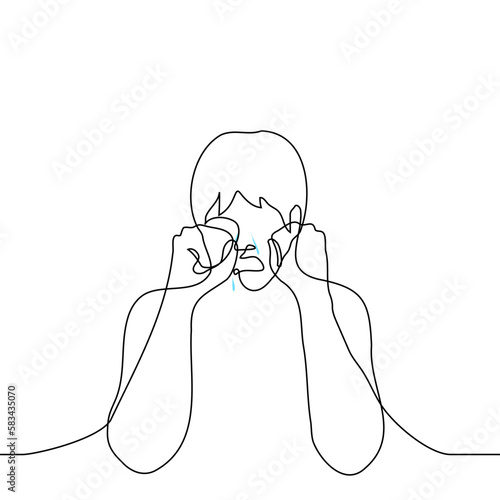 man crying wiping his eyes with his fists - one line drawing vector. concept roar, crybaby