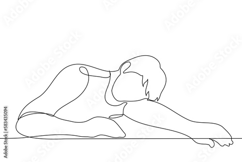 man lies on the table using his hand as a pillow - one line drawing vector. concept procrastination, prostration, laziness, sleep, fatigue, fatigue, sadness, apathy