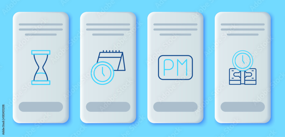 Set line Calendar and clock, Day time, Old hourglass with sand and Time is money icon. Vector Set line Calendar and clock, Day time, Old hourglass with sand and Time is money icon. Vector