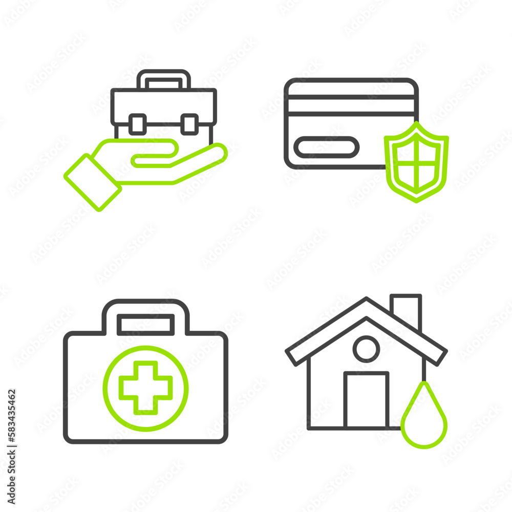 Set line House flood, First aid kit, Credit card with shield and Hand holding briefcase icon. Vector Set line House flood, First aid kit, Credit card with shield and Hand holding briefcase icon. Vector
