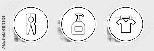 Set line Drying clothes, Clothes pin and Bottle of liquid soap icon. Vector
