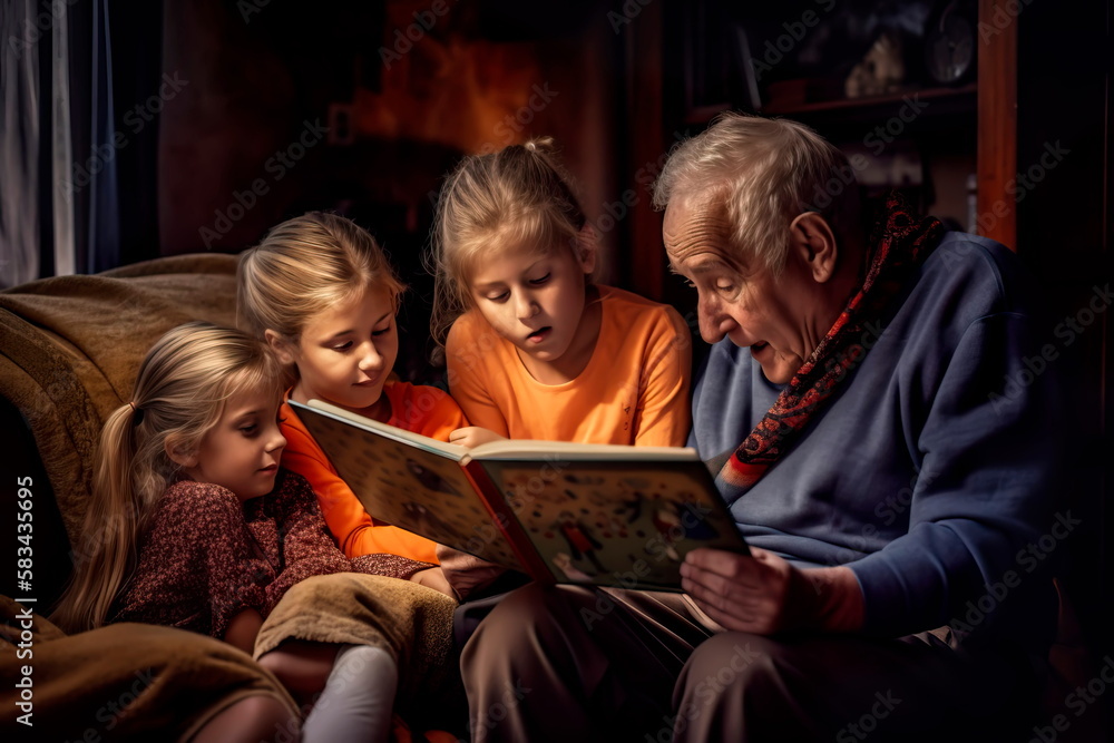 Grandparents reading a storybook to their grandchildren Generative - obrazy, fototapety, plakaty 