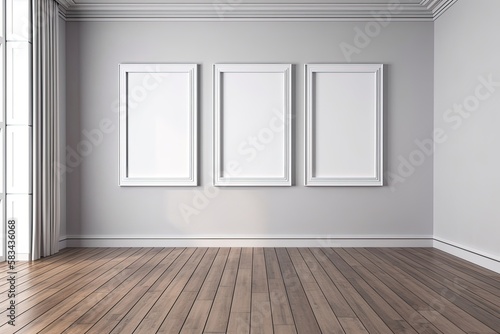 The white wall has three wooden frames. timber frame mock up for a triptych. Interior design with an empty space. Template. Blank. Pass anywhere frame. the wall s shadow. Generative AI