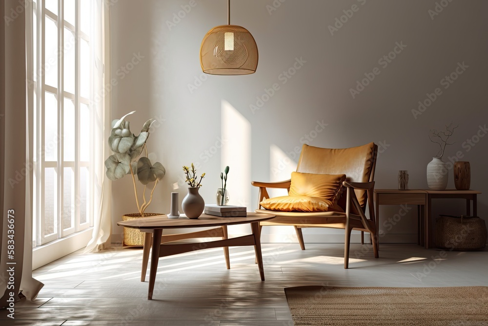 a wooden coffee table is in the living room's interior. Modern home design with floor lamp and chair above a white wall with copy space. Generative AI a wooden coffee table is in the living room's interior. Modern home design with floor lamp and chair above a white wall with copy space. Generative AI