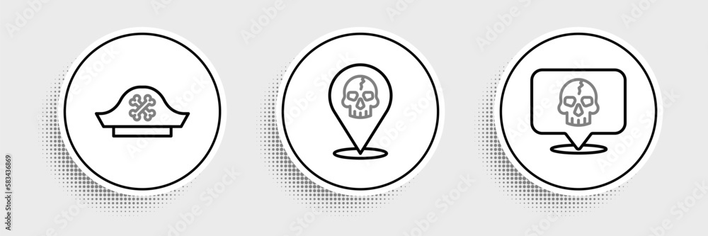 Set line Skull, Pirate hat and Location pirate icon. Vector Set line Skull, Pirate hat and Location pirate icon. Vector