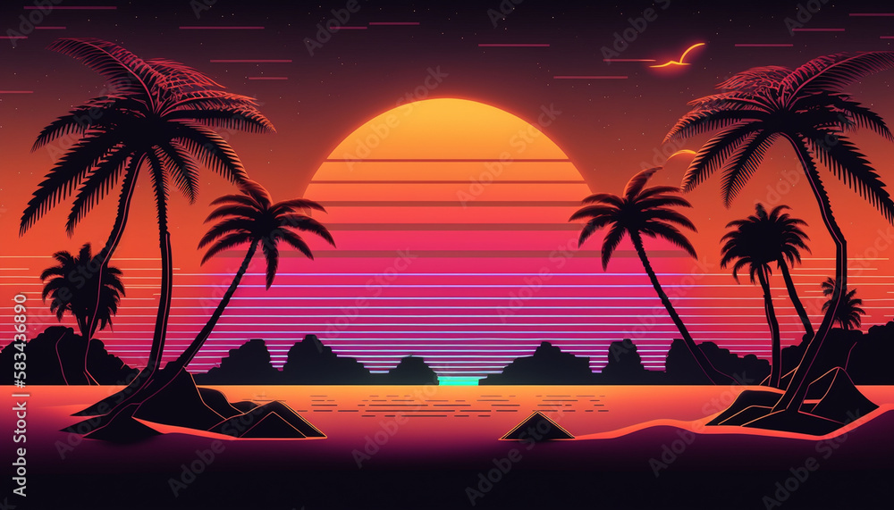 Sunset on a tropical island with palm trees. AI generated