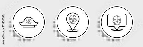 Set line Skull, Pirate hat and Location pirate icon. Vector