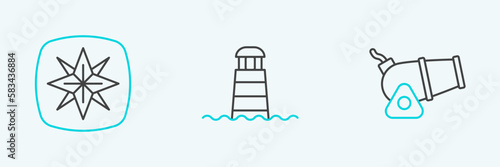 Set line Cannon, Wind rose and Lighthouse icon. Vector