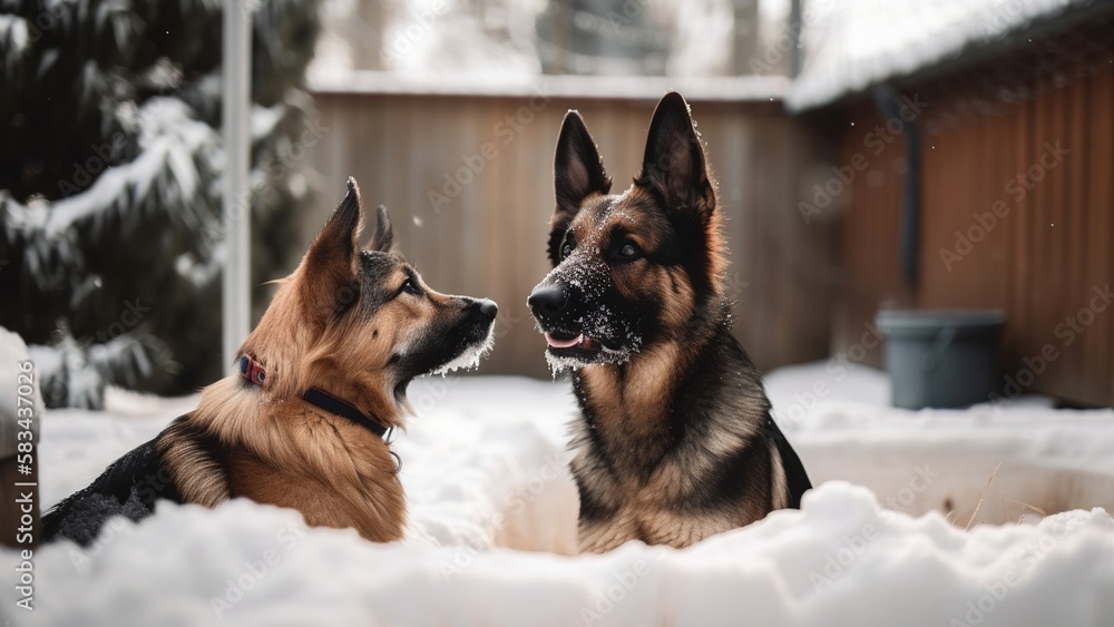Naklejka premium Two dogs play in the backyard in the winter snow