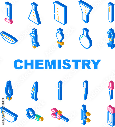 chemistry laboratory flask test icons set vector