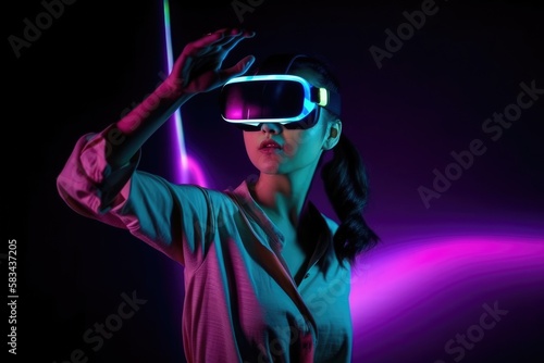 Young woman using glasses of virtual reality on dark background. Smartphone using with VR headset,virtual reality,future technology concept.Asian woman using VR glasses in colorful neon lights