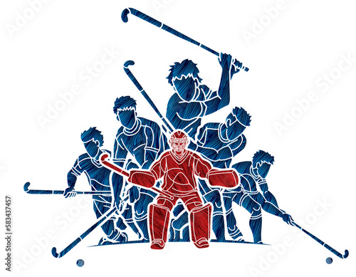 Field Hockey Sport Team Male Players Mix Action Cartoon Graphic Vector